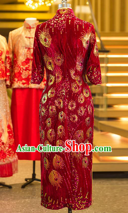 Chinese Traditional Mother Red Qipao Dress Wedding Elderly Woman Velvet Cheongsam