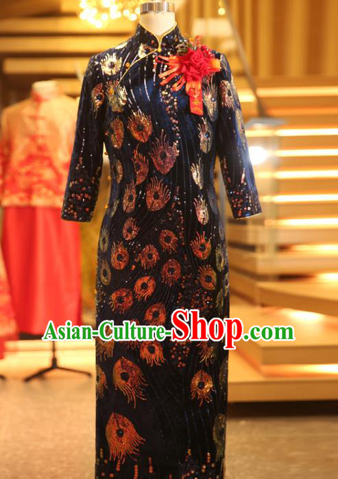 Chinese Wedding Elderly Woman Velvet Cheongsam Traditional Mother Navy Qipao Dress