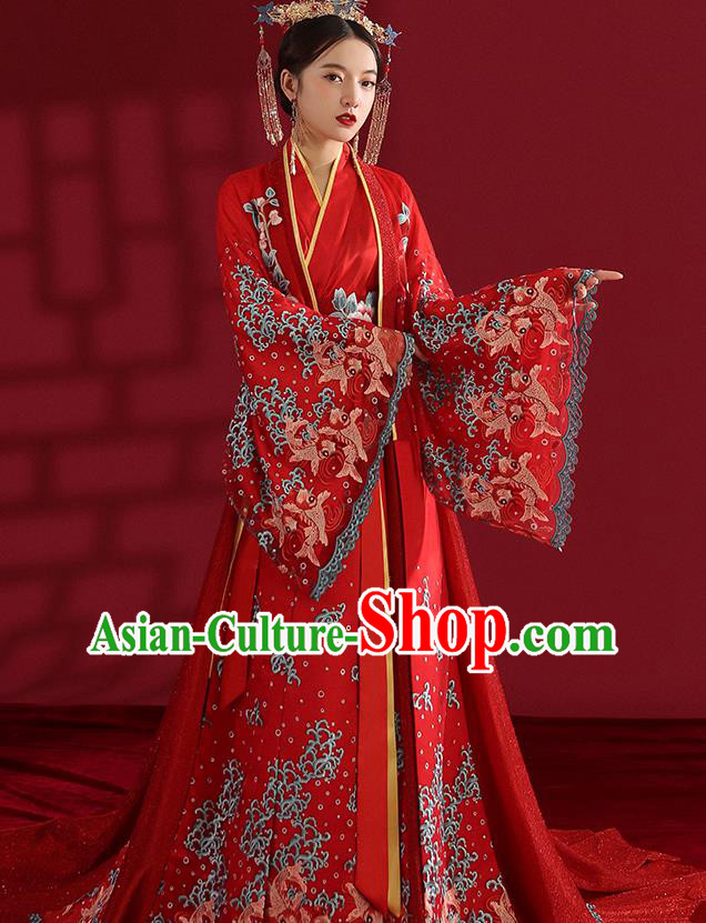 China Classical Embroidered Red Wedding Dress Traditional Ancient Empress Hanfu Costumes
