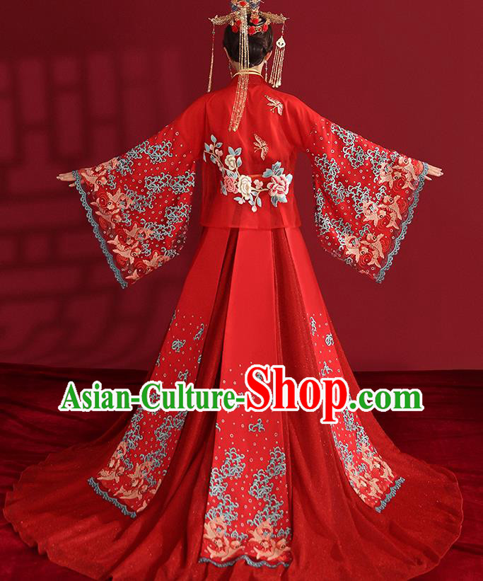 China Classical Embroidered Red Wedding Dress Traditional Ancient Empress Hanfu Costumes