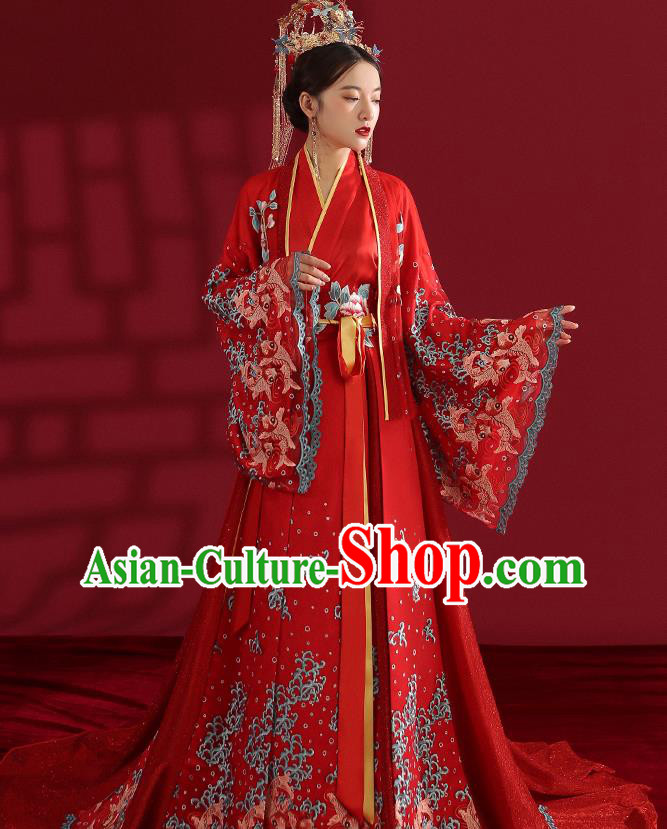 China Classical Embroidered Red Wedding Dress Traditional Ancient Empress Hanfu Costumes