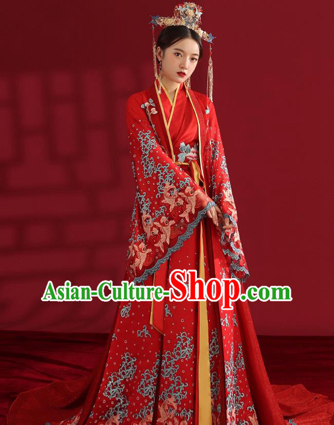 China Classical Embroidered Red Wedding Dress Traditional Ancient Empress Hanfu Costumes