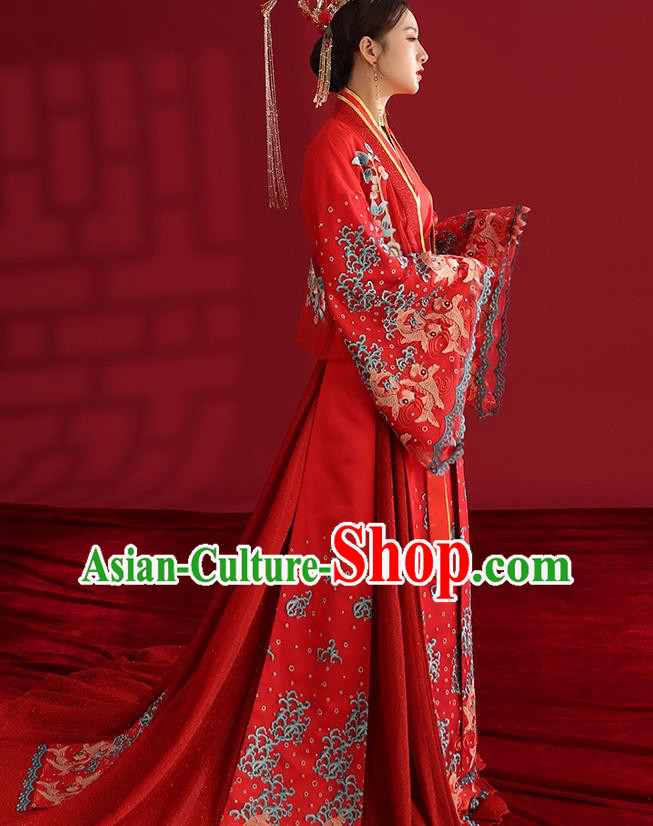 China Classical Embroidered Red Wedding Dress Traditional Ancient Empress Hanfu Costumes