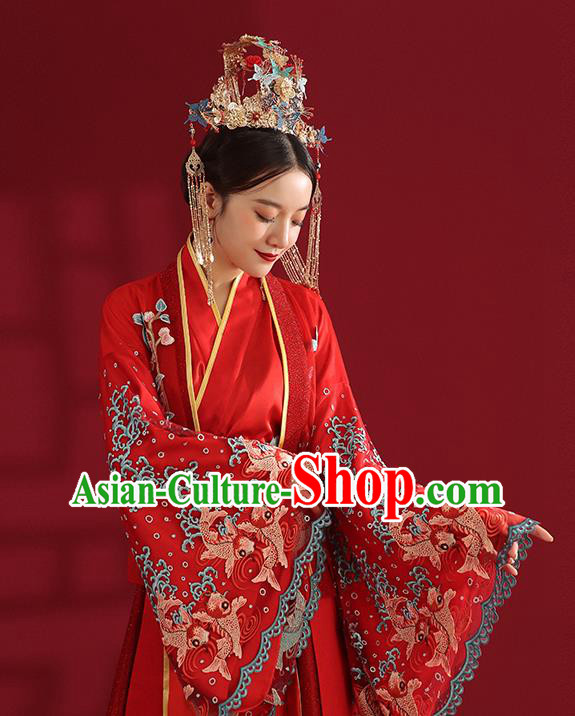 China Classical Embroidered Red Wedding Dress Traditional Ancient Empress Hanfu Costumes