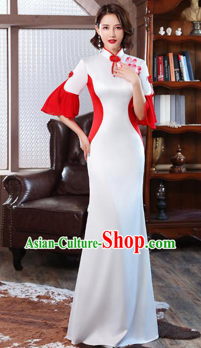 Chinese Modern Embroidery Lotus Cheongsam Catwalks Costume Stage Show White Satin Qipao Dress