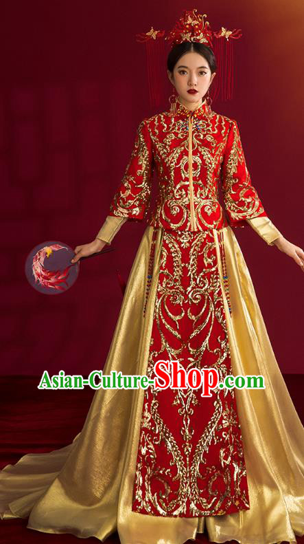 China Traditional Wedding Costumes Ancient Bride Embroidered Red Xiuhe Suits