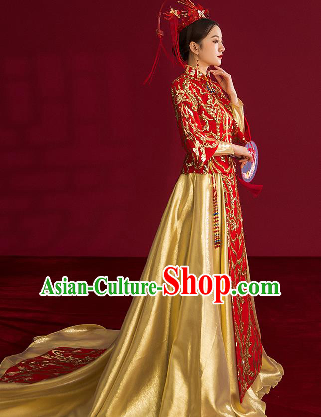 China Traditional Wedding Costumes Ancient Bride Embroidered Red Xiuhe Suits