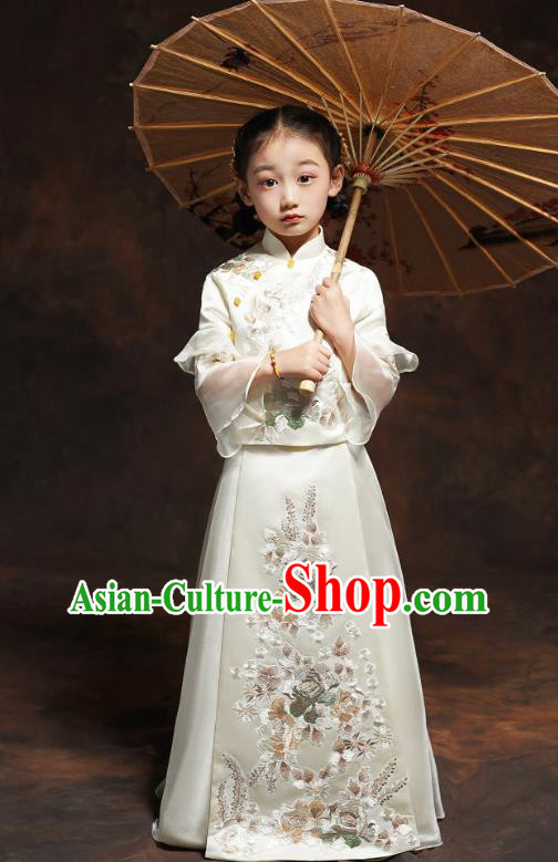 Chinese Classical Dance Clothing Embroidered White Qipao Dress Girl Bridesmaid Blouse and Dress