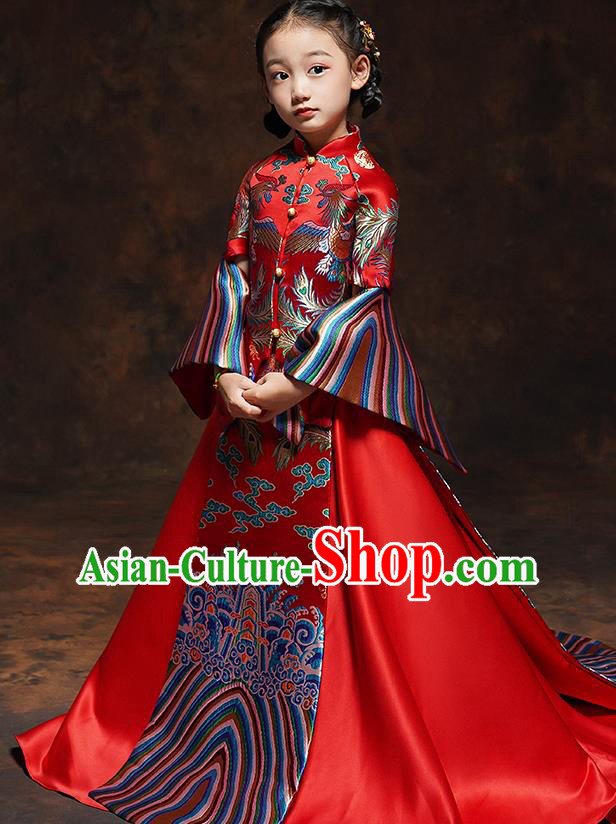 Chinese Embroidered Red Xiuhe Suits Girl Bridesmaid Blouse and Dress Classical Dance Clothing