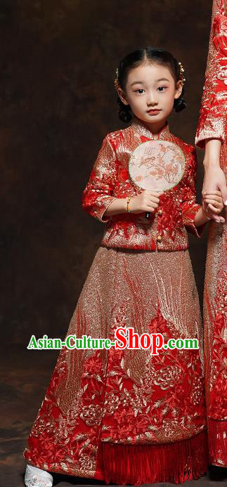 Chinese Girl Bridesmaid Blouse and Dress Classical Dance Clothing Embroidered Red Xiuhe Suits