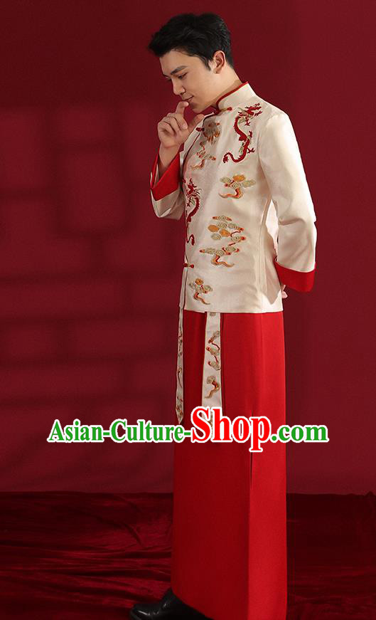 Chinese Traditional Wedding Bridegroom Costumes Embroidered White Mandarin Jacket and Red Long Robe