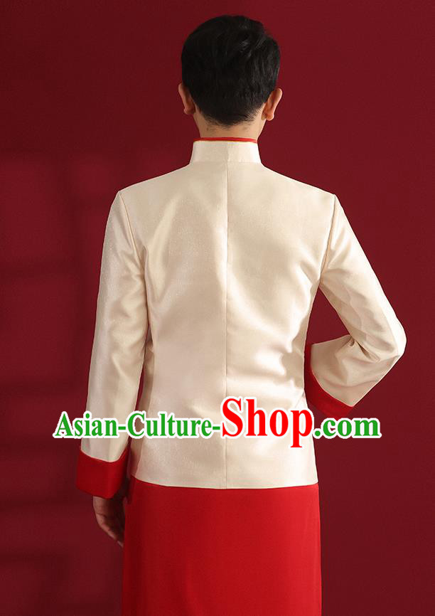 Chinese Traditional Wedding Bridegroom Costumes Embroidered White Mandarin Jacket and Red Long Robe