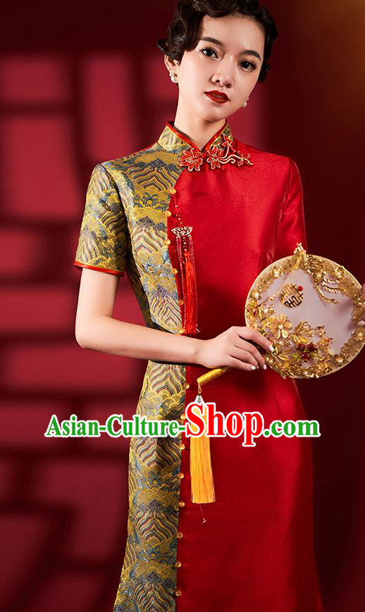 Chinese Traditional Wedding Fishtail Cheongsam Bride Red Brocade Qipao Dress Clothing