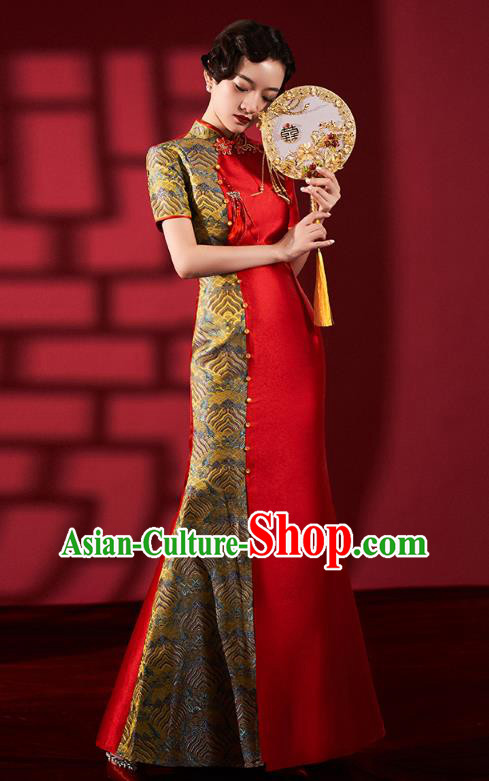 Chinese Traditional Wedding Fishtail Cheongsam Bride Red Brocade Qipao Dress Clothing