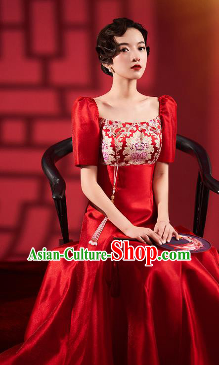 Chinese Traditional Wedding Cheongsam Clothing Bride Red Brocade Qipao Dress