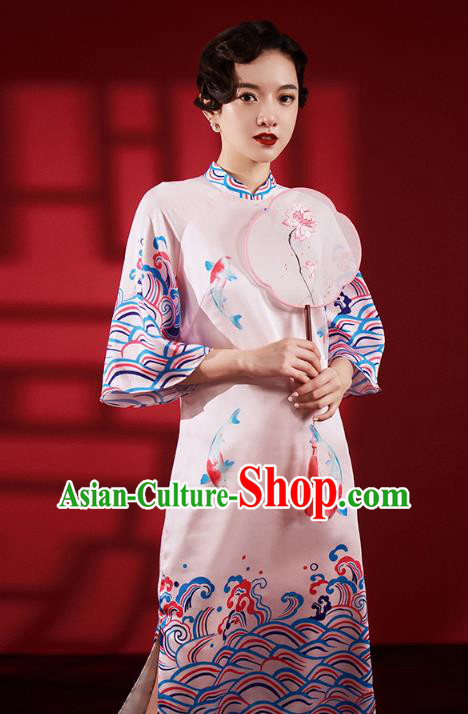 Chinese Traditional Wedding Bridesmaid Cheongsam Clothing Printing Pink Brocade Qipao Dress