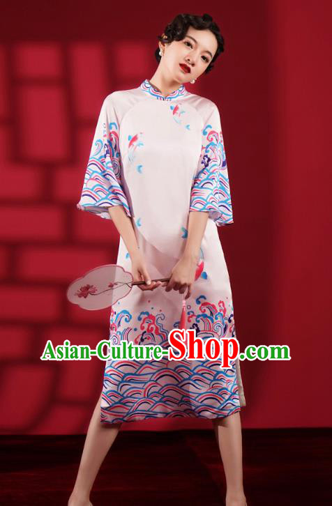 Chinese Traditional Wedding Bridesmaid Cheongsam Clothing Printing Pink Brocade Qipao Dress