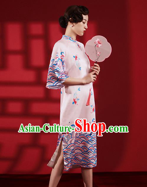 Chinese Traditional Wedding Bridesmaid Cheongsam Clothing Printing Pink Brocade Qipao Dress