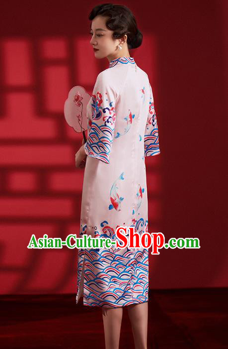 Chinese Traditional Wedding Bridesmaid Cheongsam Clothing Printing Pink Brocade Qipao Dress