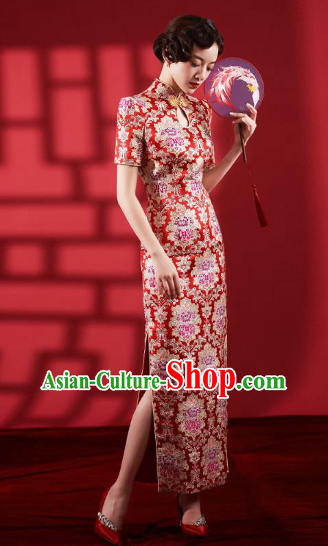 Chinese Classical Red Brocade Qipao Dress Traditional Wedding Bride Cheongsam Clothing