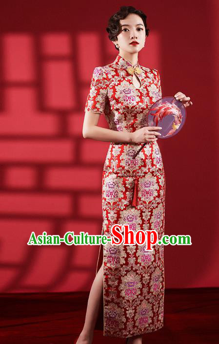 Chinese Classical Red Brocade Qipao Dress Traditional Wedding Bride Cheongsam Clothing