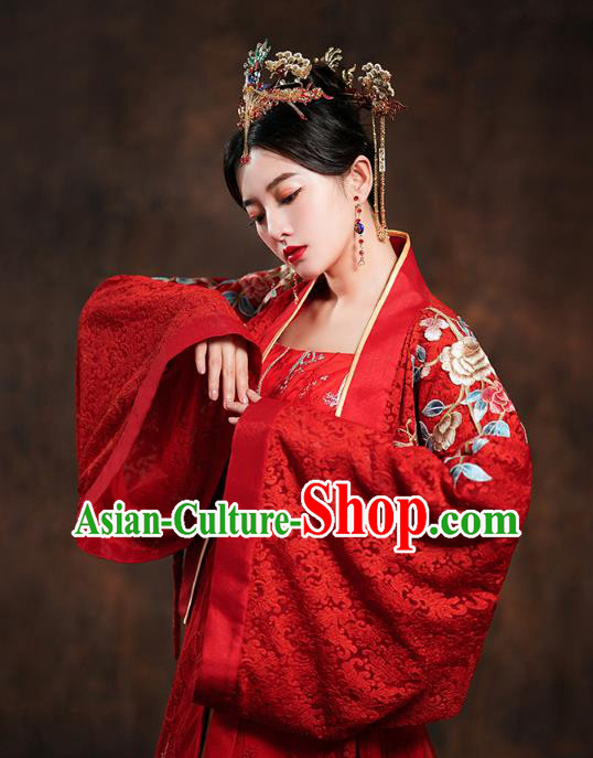 China Traditional Tang Dynasty Empress Wedding Costumes Ancient Bride Embroidered Red Hanfu Dress