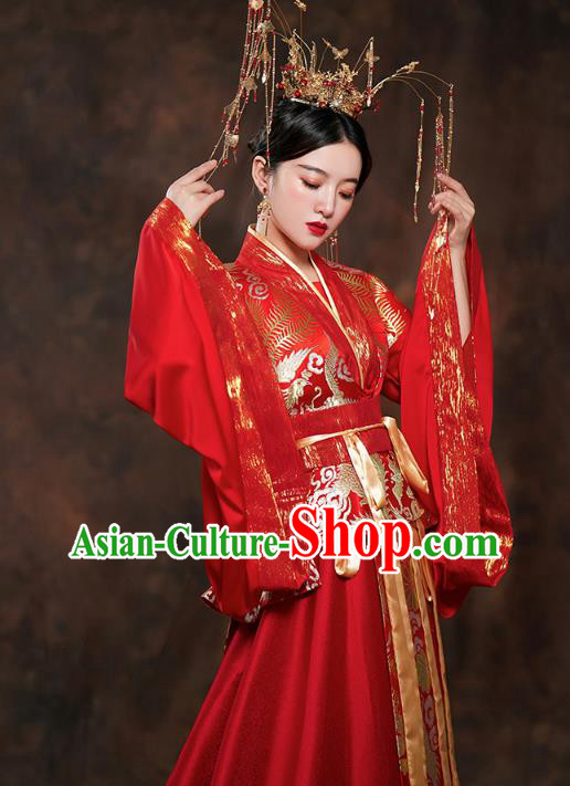 China Ancient Queen Embroidered Red Hanfu Dress Traditional Tang Dynasty Bride Wedding Costumes