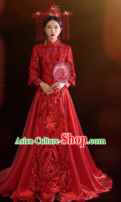 China Traditional Wedding Red Xiuhe Suit Costumes Bride Toast Embroidered Dress