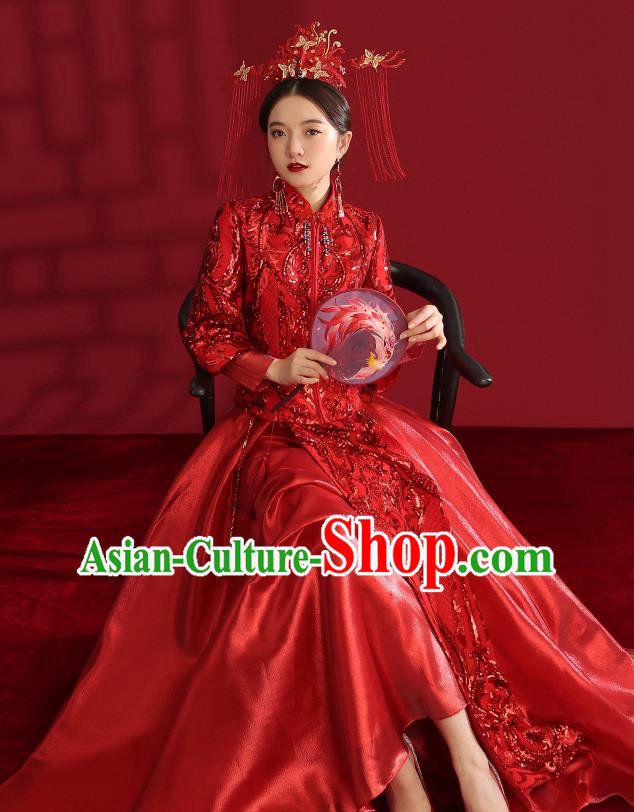 China Traditional Wedding Red Xiuhe Suit Costumes Bride Toast Embroidered Dress