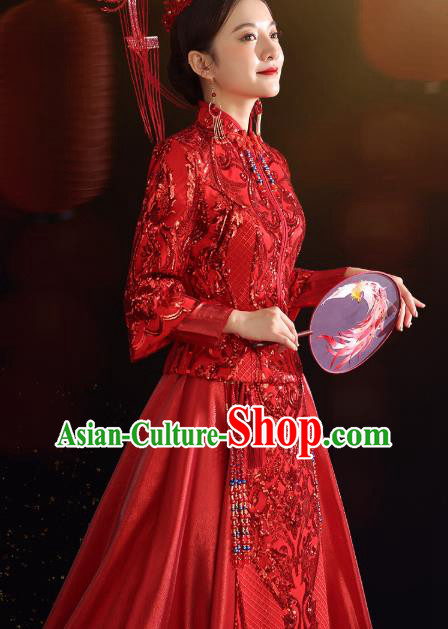 China Traditional Wedding Red Xiuhe Suit Costumes Bride Toast Embroidered Dress