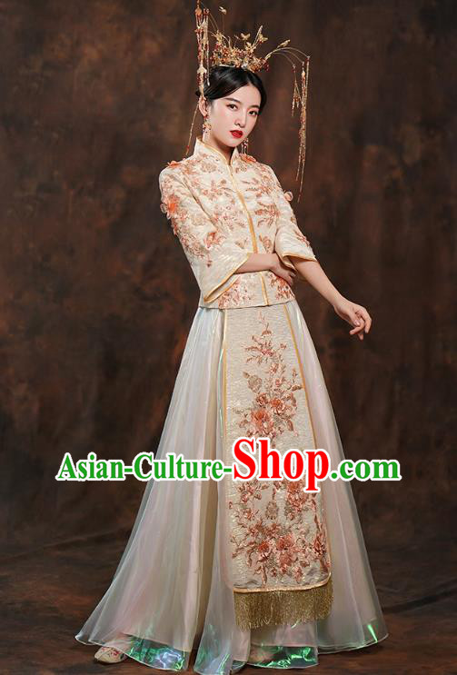 China Ancient Bride Costumes Toast Dress Traditional Wedding Champagne Xiuhe Suits