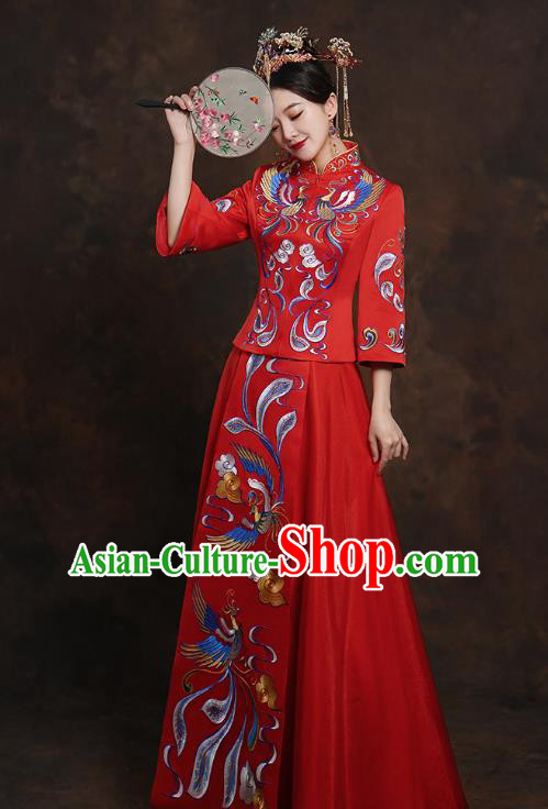China Classical Bride Costumes Toast Embroidered Dress Traditional Wedding Red Xiuhe Suits