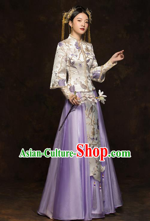 China Traditional Wedding Xiuhe Suits Classical Bride Costumes Toast Lilac Dress