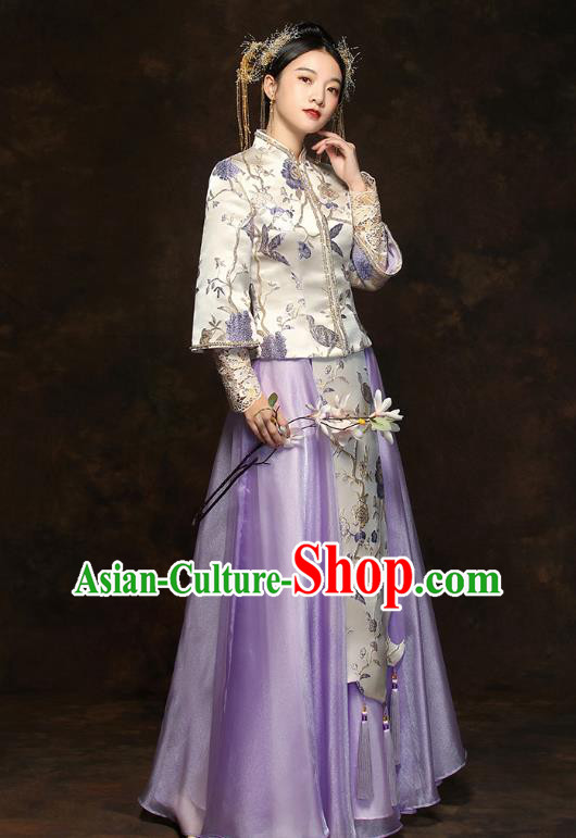 China Traditional Wedding Xiuhe Suits Classical Bride Costumes Toast Lilac Dress