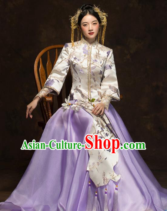 China Traditional Wedding Xiuhe Suits Classical Bride Costumes Toast Lilac Dress