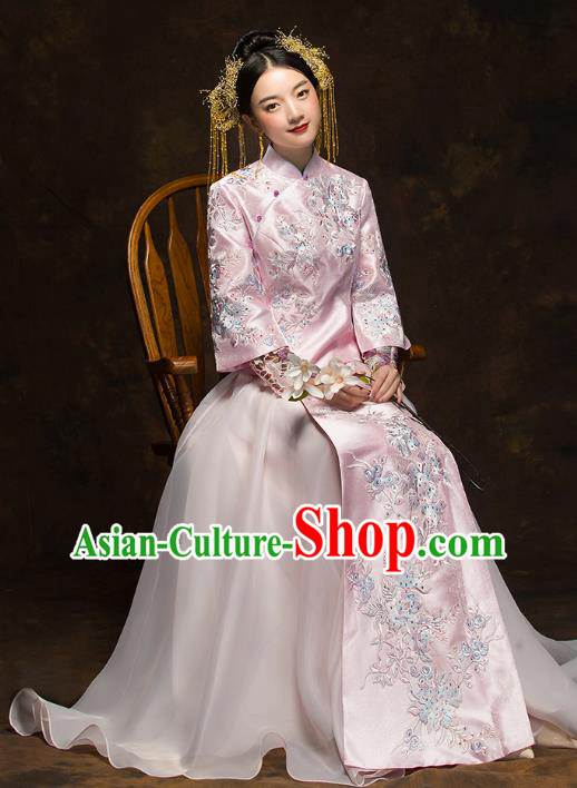 China Traditional Toast Embroidered Pink Dress Wedding Xiuhe Suits Classical Bride Costumes