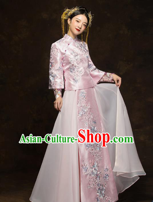 China Traditional Toast Embroidered Pink Dress Wedding Xiuhe Suits Classical Bride Costumes