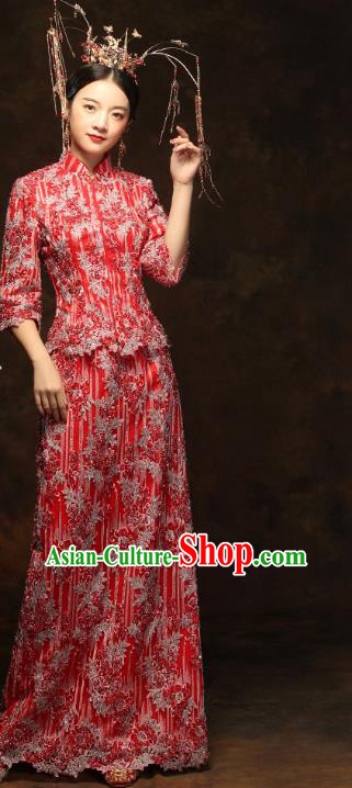 China Wedding Red Xiuhe Suits Classical Bride Costumes Traditional Toast Embroidered Slim Dress