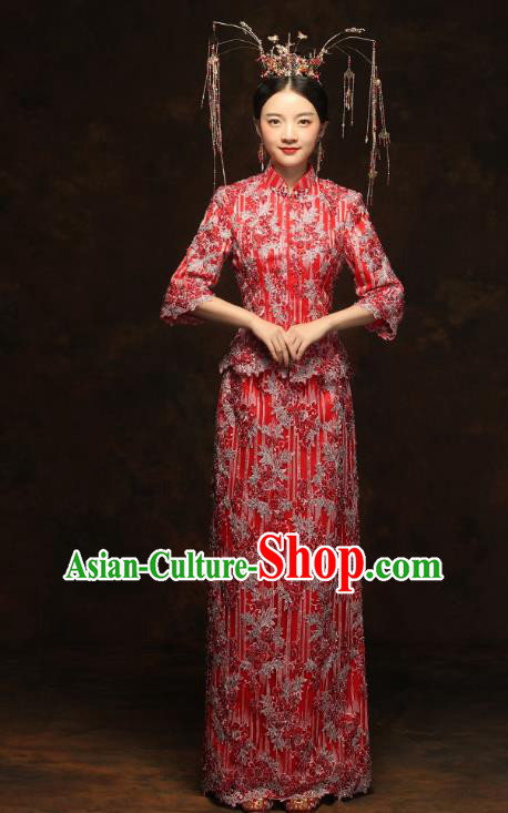 China Wedding Red Xiuhe Suits Classical Bride Costumes Traditional Toast Embroidered Slim Dress