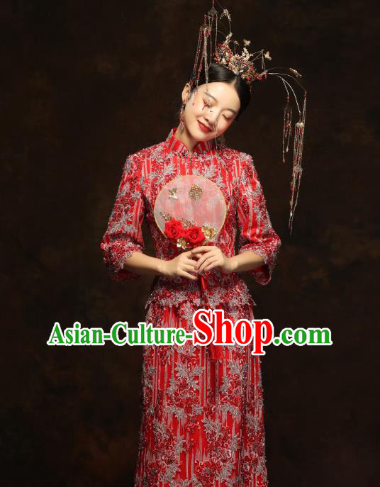 China Wedding Red Xiuhe Suits Classical Bride Costumes Traditional Toast Embroidered Slim Dress