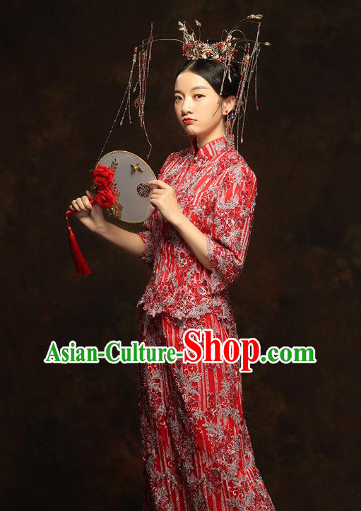 China Wedding Red Xiuhe Suits Classical Bride Costumes Traditional Toast Embroidered Slim Dress