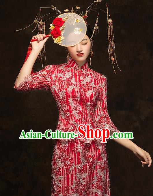 China Wedding Red Xiuhe Suits Classical Bride Costumes Traditional Toast Embroidered Slim Dress