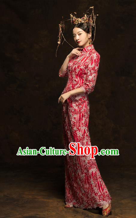China Wedding Red Xiuhe Suits Classical Bride Costumes Traditional Toast Embroidered Slim Dress