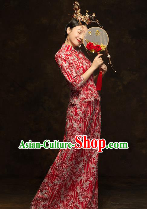 China Wedding Red Xiuhe Suits Classical Bride Costumes Traditional Toast Embroidered Slim Dress