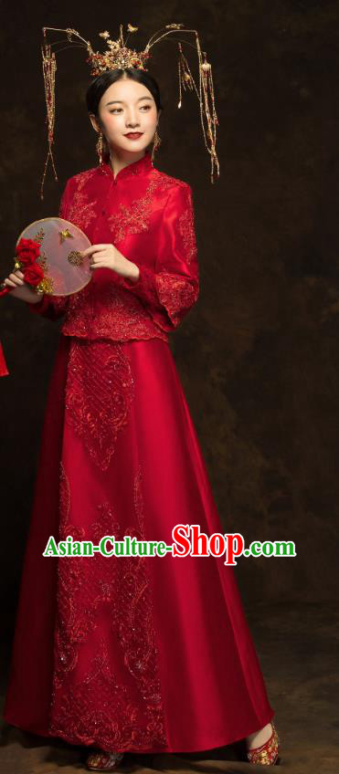 China Traditional Embroidery Beads Toast Dress Wedding Red Xiuhe Suits Classical Bride Costumes