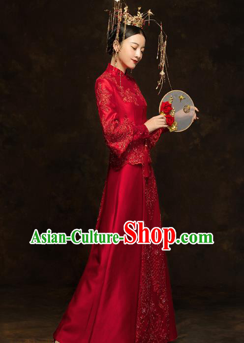 China Traditional Embroidery Beads Toast Dress Wedding Red Xiuhe Suits Classical Bride Costumes