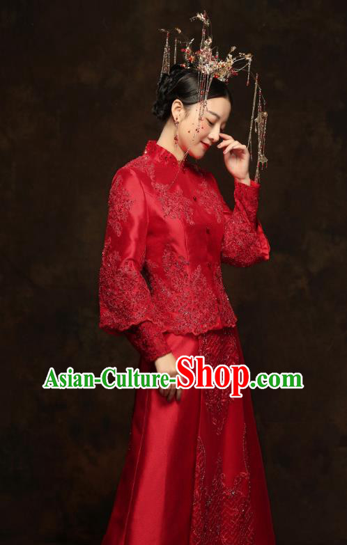 China Traditional Embroidery Beads Toast Dress Wedding Red Xiuhe Suits Classical Bride Costumes