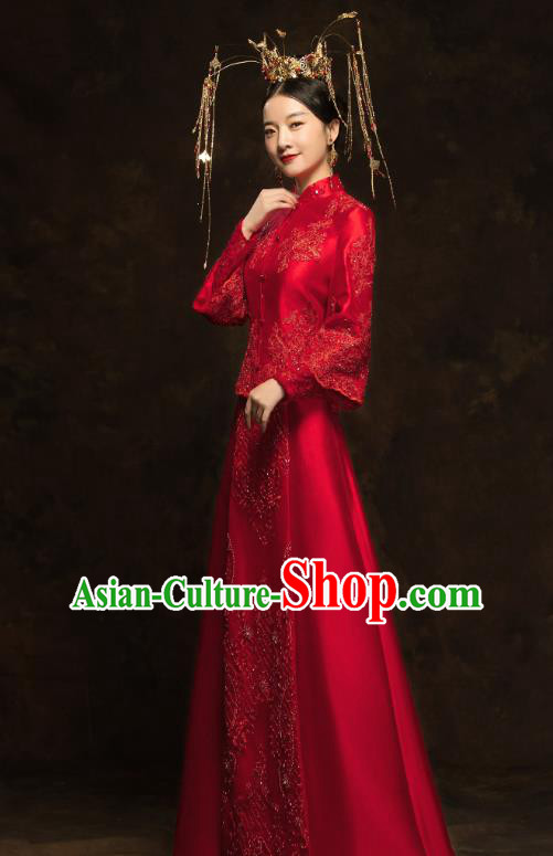 China Traditional Embroidery Beads Toast Dress Wedding Red Xiuhe Suits Classical Bride Costumes