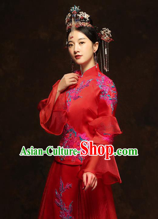 China Classical Bride Drilling Costumes Traditional Embroidery Toast Dress Wedding Red Xiuhe Suits