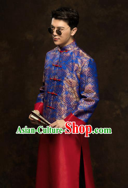 Chinese Traditional Royalblue Mandarin Jacket and Red Long Robe Wedding Bridegroom Tang Suit Costumes